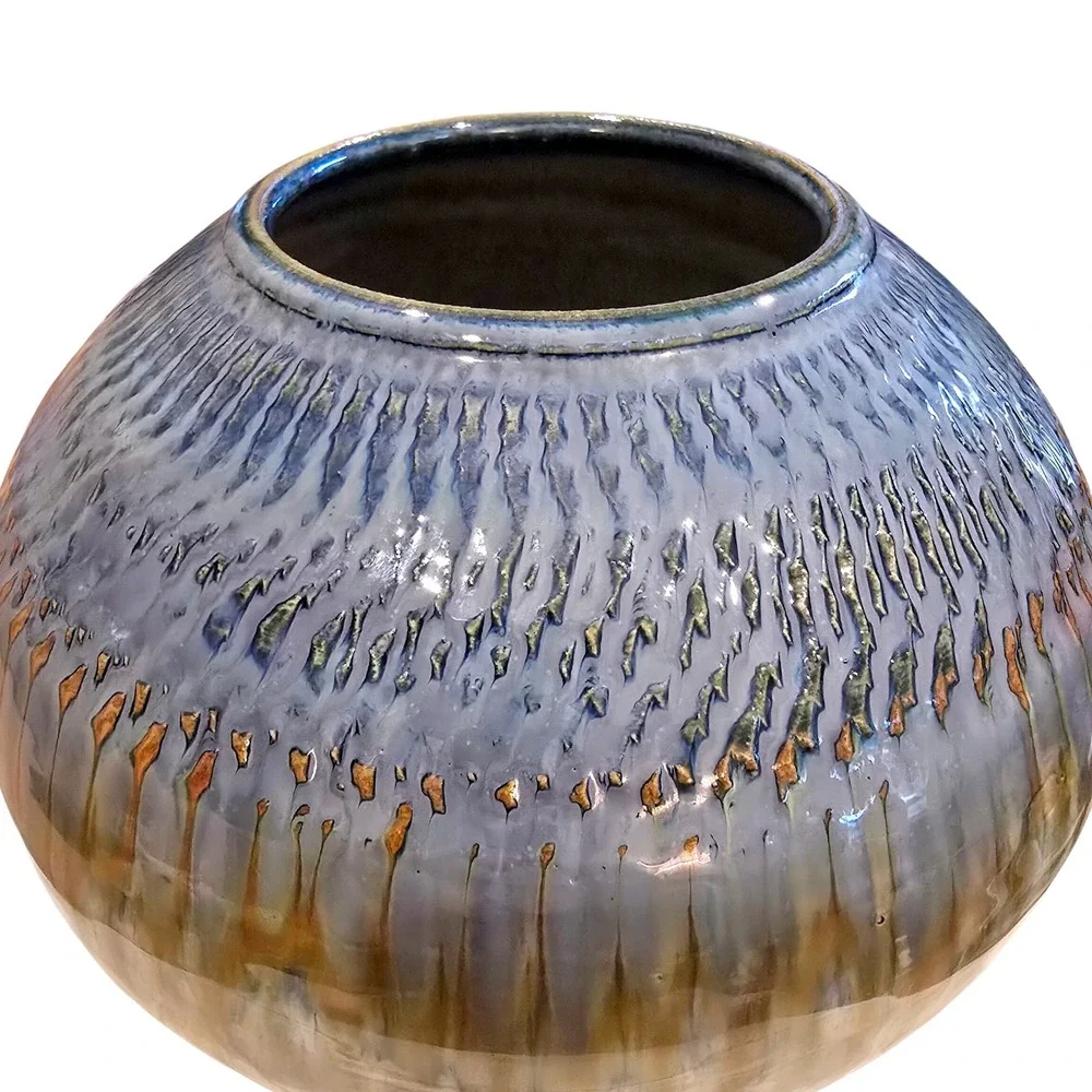 Vintage 1990s‎ Bill Campbell Pottery Vase Signed Blue Flambe Drip Glaze Globe 9